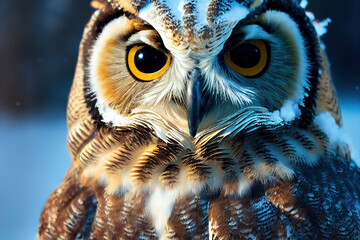 Сlose-up portrait of an Owl. Abstract wildlife background. 3d illustration