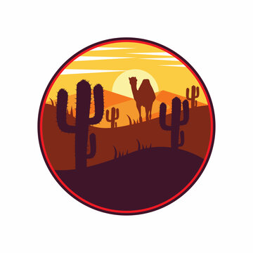 vector illustration of a twilight desert landscape logo in a round shape, with cactus, camel and desert images, great for t-shirts, stickers, banners, labels and other necessities