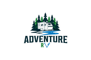 Recreational Vehicle logo design holiday journey traveler river lake car trailer