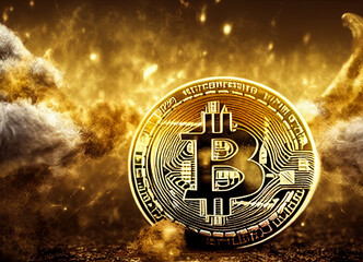 Bitcoin and blockchain technology art concept, cryptocurrency, decentralization and finance, cash, money and investment