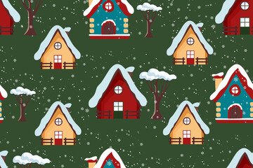 Seamless winter vector pattern of houses in the snow on a green background. vector.