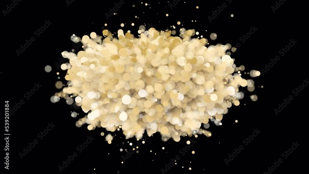 Poster animation of glittering white cream bubble balls sphere particles explode on black background,backgr