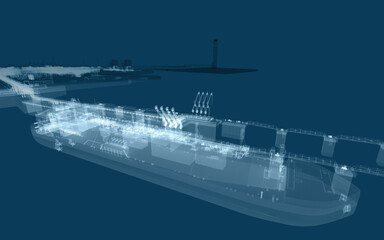 Scheme of a gas carrier at the berth against the background of a liquefied natural gas production plant on a blue background. 3d rendering