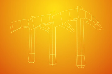 Pickaxe for extraction. Miners hand tool. Wireframe vector illustration