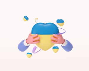 3d icon with Ukrainian color heart. 3d rendering illustration. Arm holding Ukrainian flag. concept of lov
