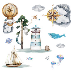 Compass, hot air balloon, lighthouse, whale, ship and jellyfish watercolor illustration. Magic sky, signs and symbols. Navigation, cardinal directions clipart on white background - obrazy, fototapety, plakaty