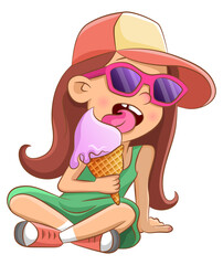 Little girl eating ice cream. Illustration isolated. Cool girl in sunglasses. Cartoon character