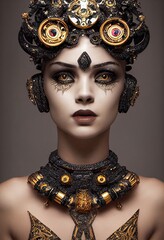 Porträt eines viktorianischen Steampunk-Roboters mit schönem Make-up. Künstlerische abstrakte Steampunk-Fantasie. Das Konzept eines Vintage-Roboters. © designprojects