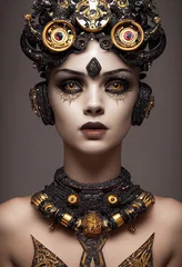 Porträt eines viktorianischen Steampunk-Roboters mit schönem Make-up. Künstlerische abstrakte Steampunk-Fantasie. Das Konzept eines Vintage-Roboters. © designprojects