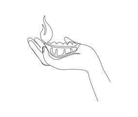Continuous one line drawing of hand holding diya lamp light for Diwali celebration. Deepavali oil lamp line art vector design.