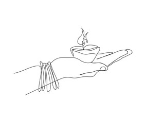 Continuous one line drawing of hand holding diya lamp light for Diwali celebration. Deepavali oil lamp line art vector design.
