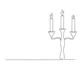 Continuous one line drawing of burning candle on classic chandelier. Vintage candelier line art vector design.