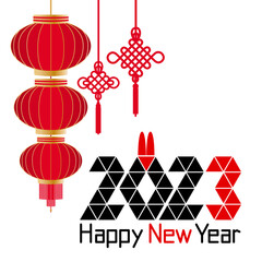 2023 chinese new year, year of the rabbit, date and rabbit ears, chinese lantern, chinese knot of happiness and good luck