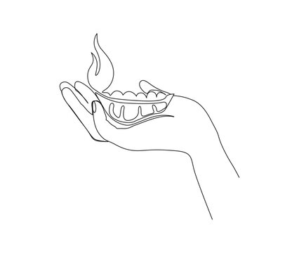 Continuous One Line Drawing Of Hand Holding Diya Lamp Light For Diwali Celebration. Deepavali Oil Lamp Line Art Vector Design.