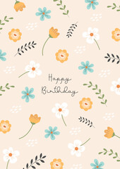 Birthday greeting card with pretty retro spring flowers. Postcard with botanical abstracts, vector