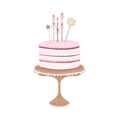 Illustration of a festive pink cake with candles for greeting cards on white background. Vector