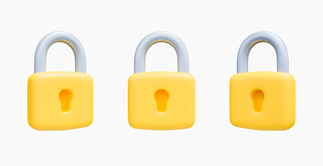 3D render golden yellow closed lock minimal style icon set. Safety, security, and protection concept.