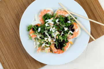 Fresh salad of cooked prawns