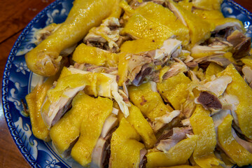 A plate of tender white cut chicken