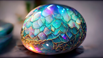 
Diamond dragon eggs with egg shells with dragon scales and colored like diamonds that reflect the colors of the light.