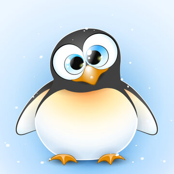 Cute little cartoon curious penguin on the blue snow background