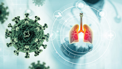 Doctor arm supports the human lungs. Lung disease diagnosis and treatment. Viral infection. 3d illustration