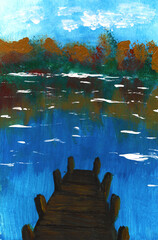 Pier wooden near the river and autumn forest
