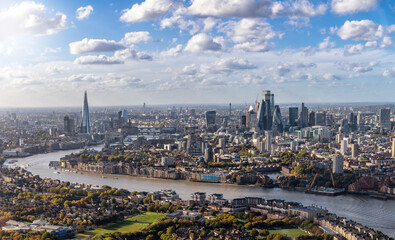 High panorama of the London skyline along the river Thames from London Bridge until the City during...