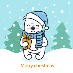 cartoon polar bear with a gift christmas greeting card. 