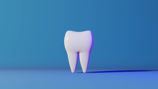 Toothache 3D loop animation neon light blue background. White healthy teeth pattern molar tooth with pain. National Dentist Day Wisdom teeth extraction Oral care recovery.Dental Insurance Dentistry 4K