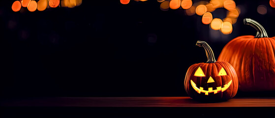 Cut out Halloween Pumpkin glowing at night with blurry lights in dark background