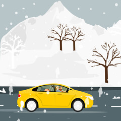 Vector of Winter holiday trip, Happy family driving car on road in winter, snowy, mountains and landscape.