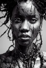 Abstraktes Porträt eines Fantasy-Ebenholzmädchens. Modische Frau mit Dreadlocks. Kreatives schönes Mädchen. © designprojects