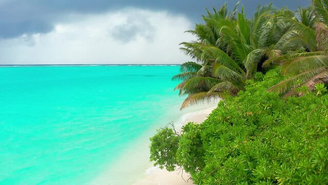 Beautiful wild white sand beach with turquoise sea on Thoddoo island in Maldives.
