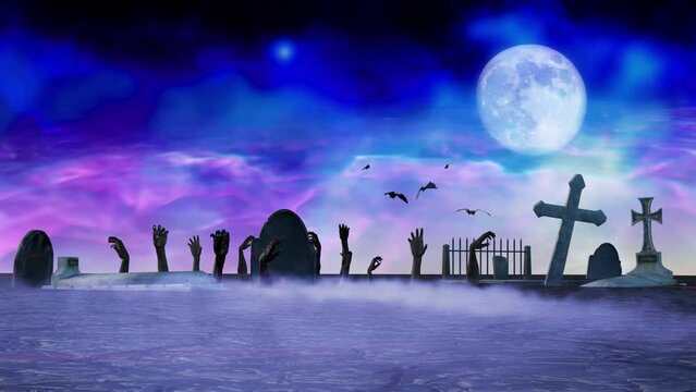 halloween background with cemetery, zombie hands render 3d
