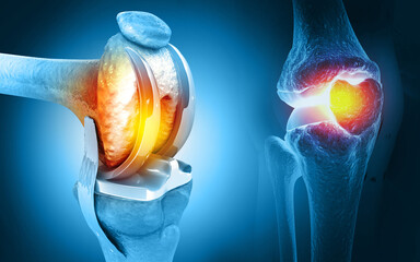 Human knee replacement surgery. Knee joint treatment. Knee injury. 3d illustration