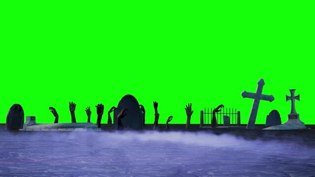 halloween background with cemetery, zombie hands render 3d on green background
