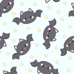 Seamless pattern of cat-bat in kawaii style with stars silhouette on an isolated blue background.