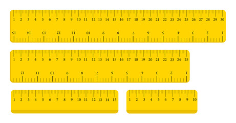 Set of yellow rulers. Measurement tool in centimeters, millimeters, inches. Isolated set of flat rulers for determining the size. Exact length. Vector illustration.
