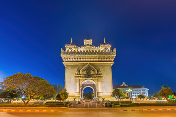 Vientiane Laos, night city skyline at Patuxai (Patuxay) the most famous landmark in Vientiane