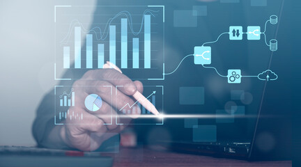 Business Analytics and Data Management System concepts on computers to generate reports with KPIs and metrics connected to corporate strategy databases for Finance, Operations, Sales, Marketing.
