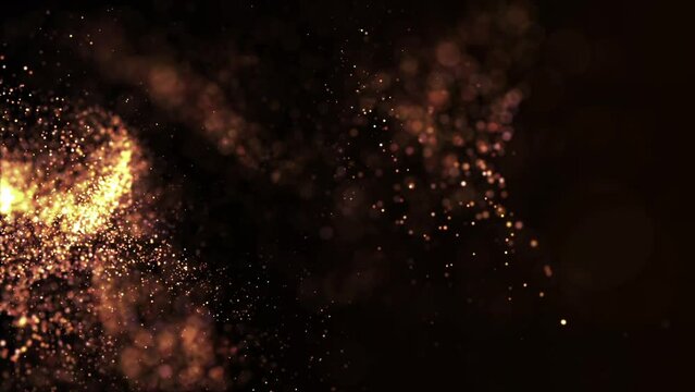 This stock motion graphics shows a dark background with flashes and glitter of golden particles. This abstract background will decorate your projects.