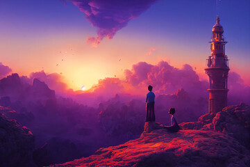 Couple hikers on top of mountain looking at an amazing fantastic sunset. 