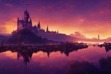 Fototapeta na wymiar Fantasy castle, sunset over the river