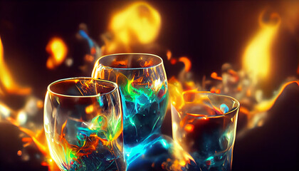 cups with magic potion, party with wizards and mages