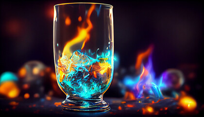 glass of magic potion, fire, ice, electric smoke