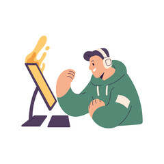 E-sport fan at computer. Young gamer, player in headphones playing video game at desktop PC. Watching online stream, esport, cybersport. Flat graphic vector illustration isolated on white background