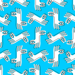 Fototapeta premium Finger eye Pattern seamless. binoculars hand gesture Background. Vector texture