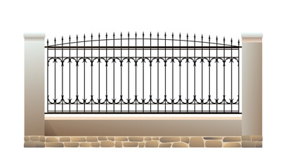Iron forged fence with plastered brick pillars. Isolated on white background Vector.