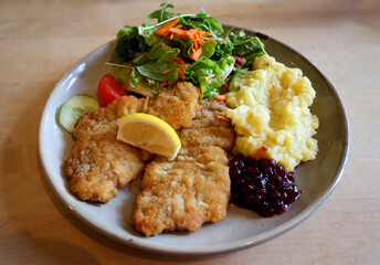 Ein Teller mit zwei Wiener Schnitzel, Salat und Kartoffelbrei.
